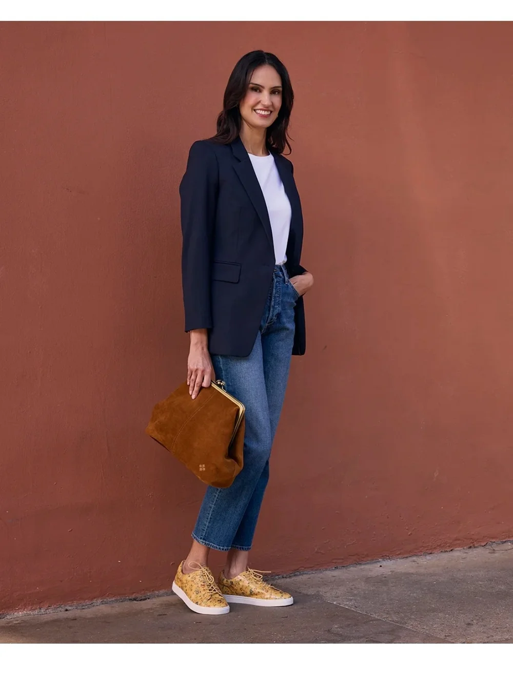 Cognac Suede Frame-Top Shoulder Bag in Cognac With Detachable Crossbody Strap